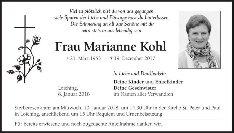 Traueranzeige Marianne Kohl