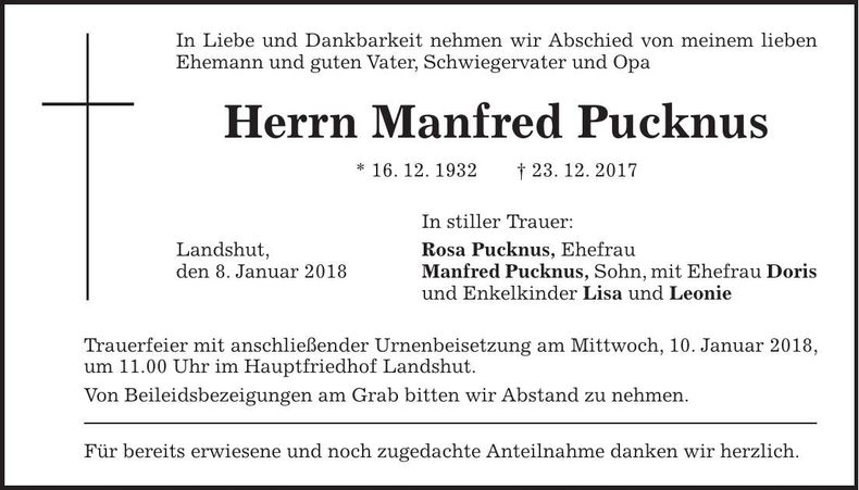 Traueranzeige Manfred Pucknus
