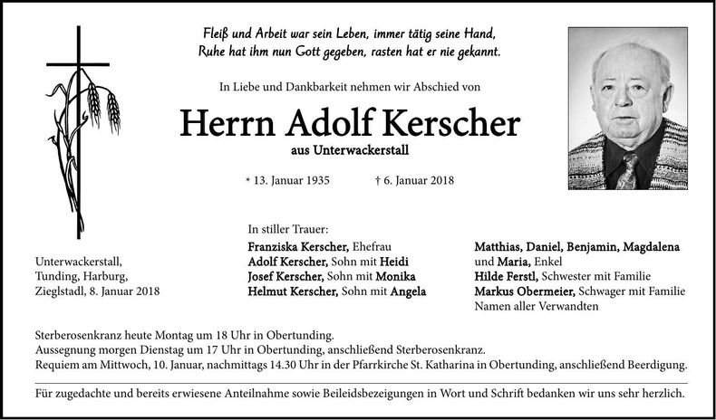Traueranzeige Adolf Kerscher