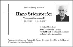 Traueranzeige Hans Stierstorfer