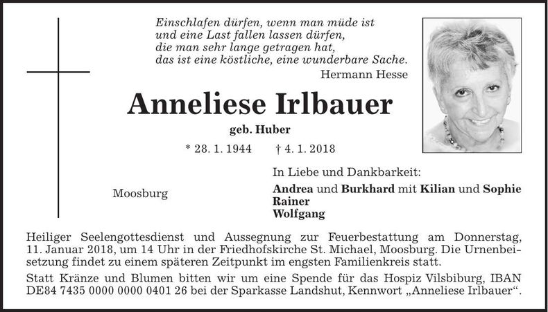 Traueranzeige Anna Irlbauer