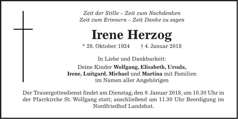 Traueranzeige Irene Herzog