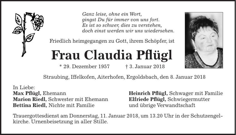 Traueranzeige Claudia Pflügl