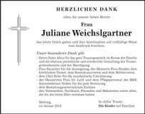 Traueranzeige Juliane Weichslgartner