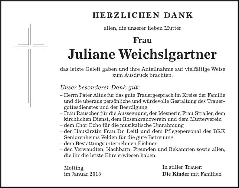 Traueranzeige Juliane Weichslgartner
