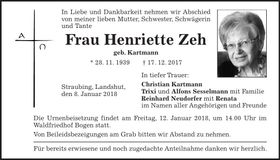 Traueranzeige Henriette Zeh