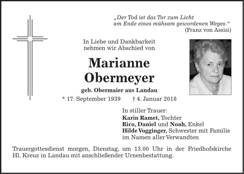 Traueranzeige Marianne Obermeyer