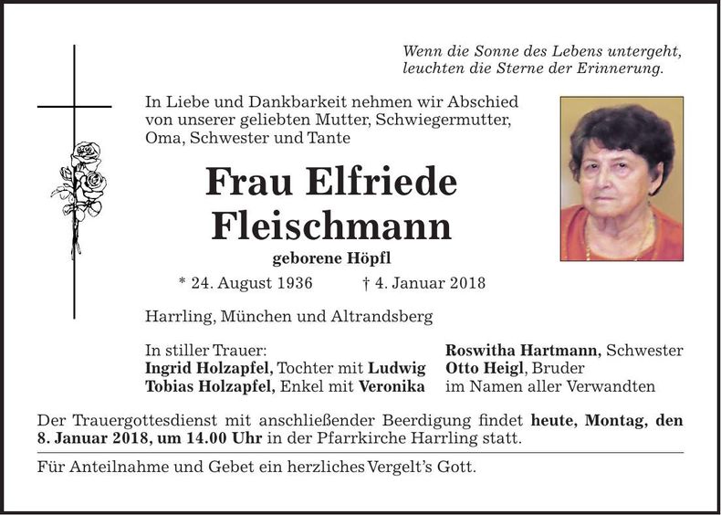 Traueranzeige Elfriede Fleischmann