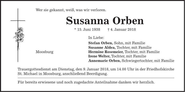 Traueranzeige Susanna Orben