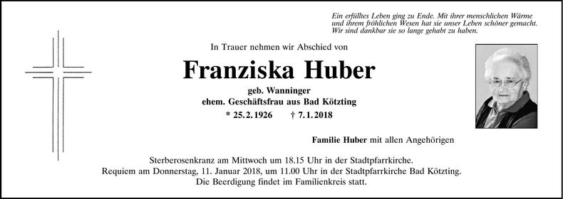 Traueranzeige Franziska Huber