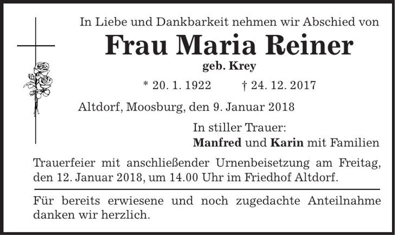 Traueranzeige Maria Reiner