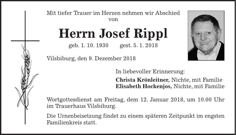 Traueranzeige Josef Rippl