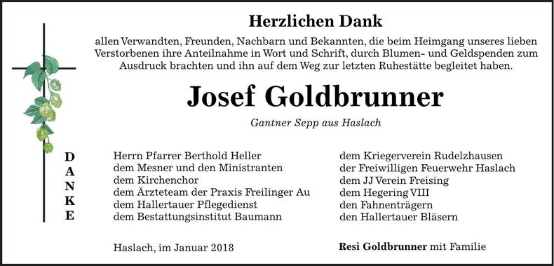 Traueranzeige Josef Goldbrunenr