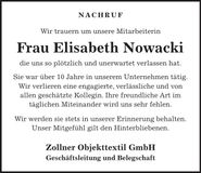 Traueranzeige Elisabeth Nowacki