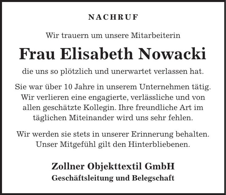 Traueranzeige Elisabeth Nowacki