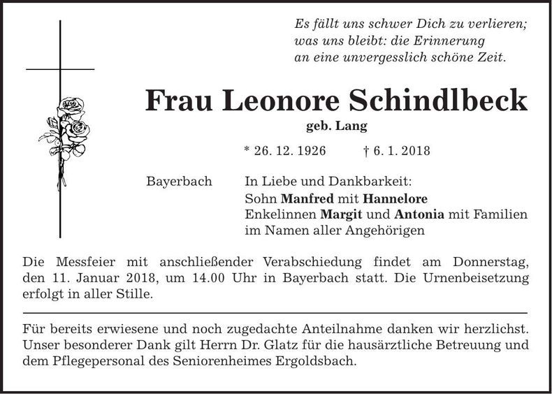 Traueranzeige Leonore Schindlbeck