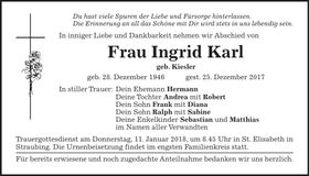 Traueranzeige Ingrid Karl