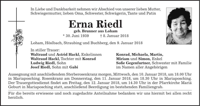 Traueranzeige Erna Riedl