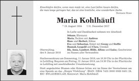 Traueranzeige Maria Kohlhäufl