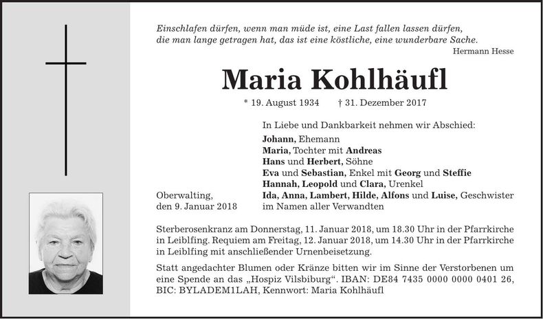Traueranzeige Maria Kohlhäufl