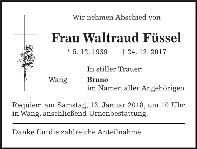 Traueranzeige Waltraud Füssel