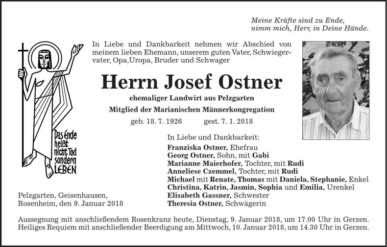 Traueranzeige Josef Ostner