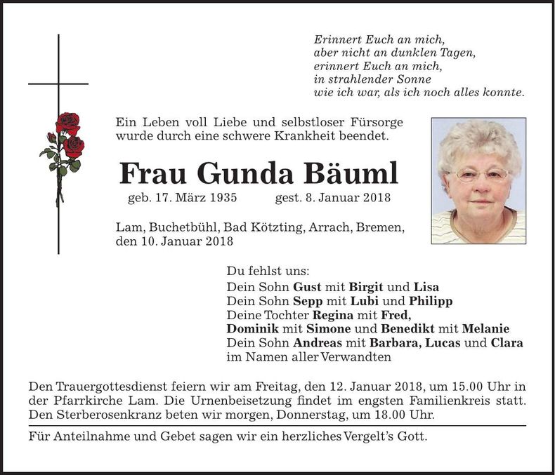 Traueranzeige Gunda Bäuml