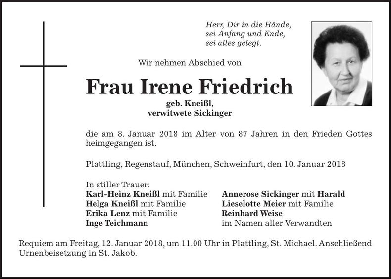 Traueranzeige Irene Friedrich