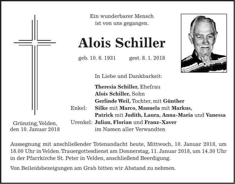 Traueranzeige Alois Schiller