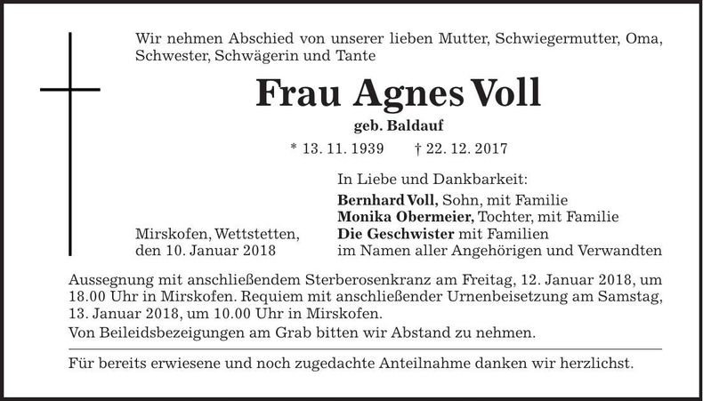 Traueranzeige Agnes Voll