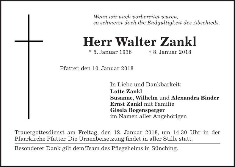 Traueranzeige Walter Zankl