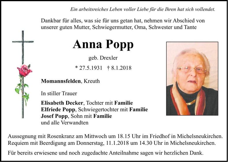 Traueranzeige Anna Popp