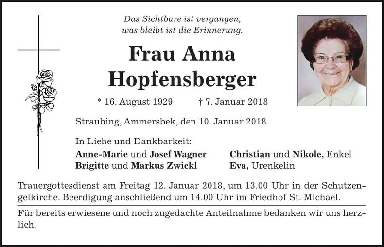 Traueranzeige Anna Hopfensberger