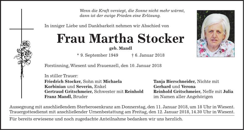 Traueranzeige Martha Stocker