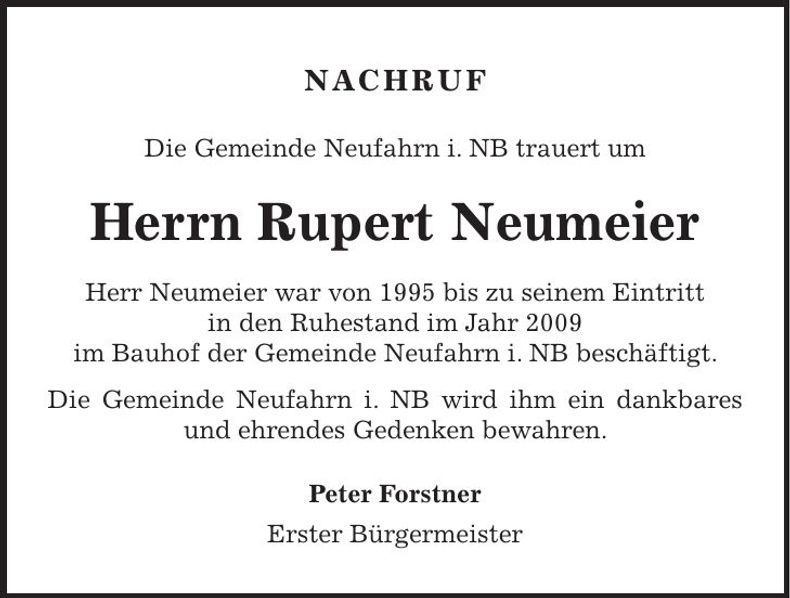 Traueranzeige Rupert Neumeier