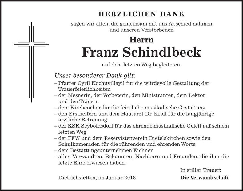 Traueranzeige Franz Schindlbeck