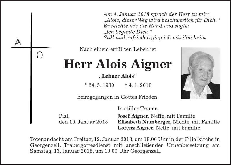 Traueranzeige Alois Aigner
