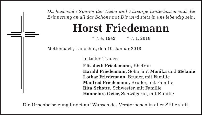 Traueranzeige Horst Friedemann