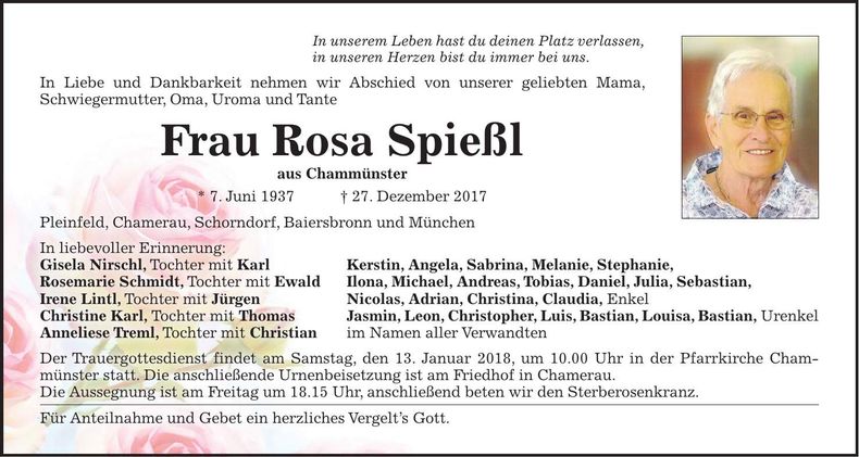 Traueranzeige Rosa Spießl