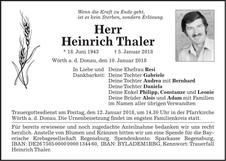 Traueranzeige Heinrich Thaler