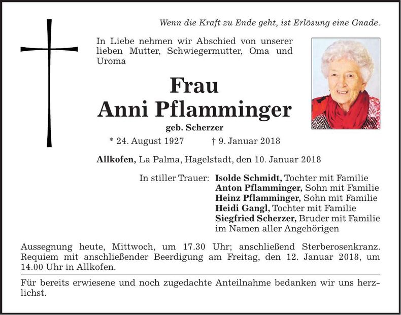 Traueranzeige Anni Pflamminger