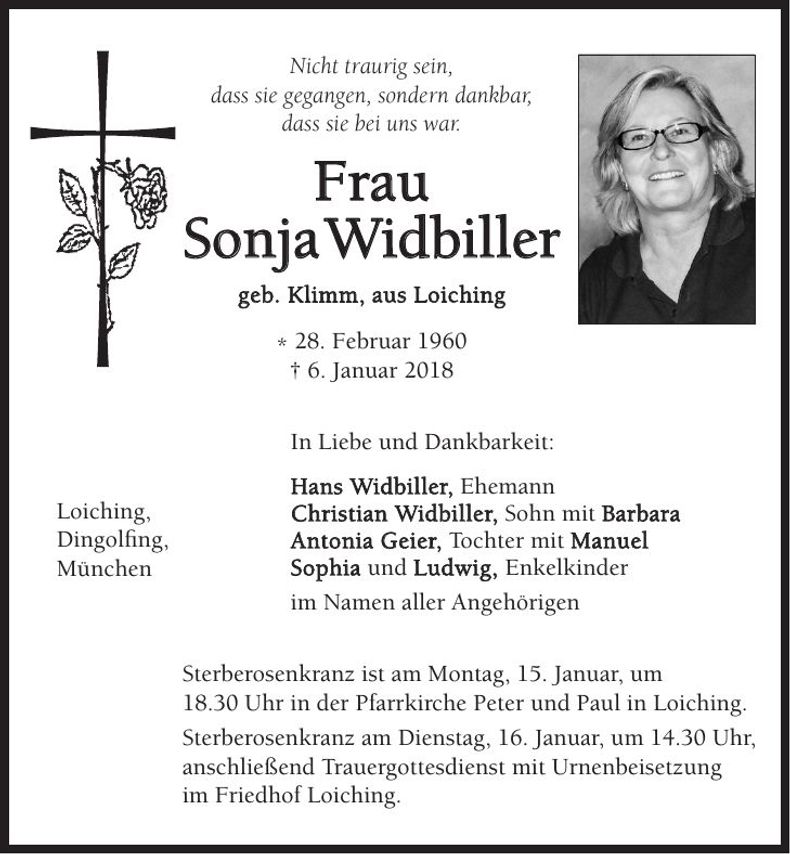 Traueranzeige Sonja Widbiller