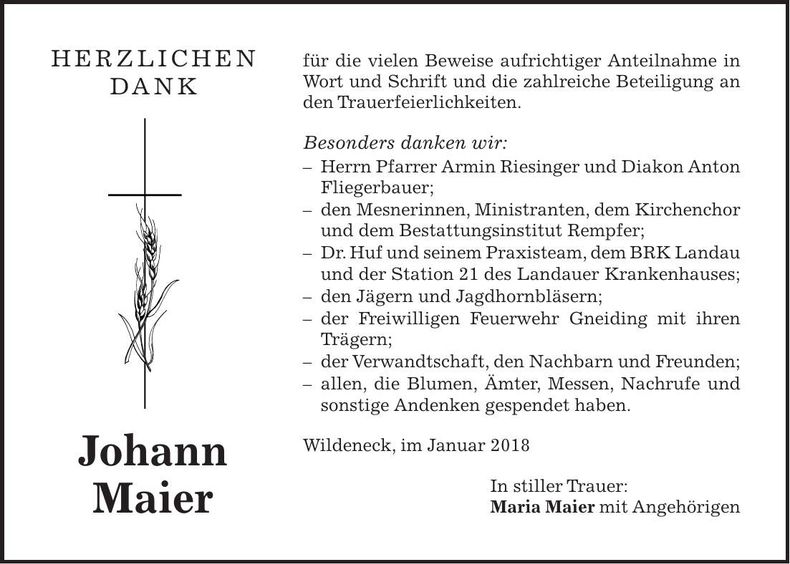Traueranzeige Johann Maier