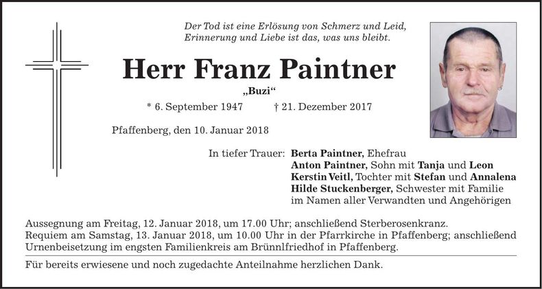 Traueranzeige Franz Paintner