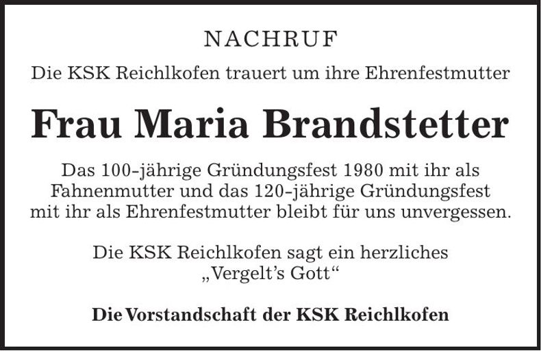 Traueranzeige Maria Brandstetter