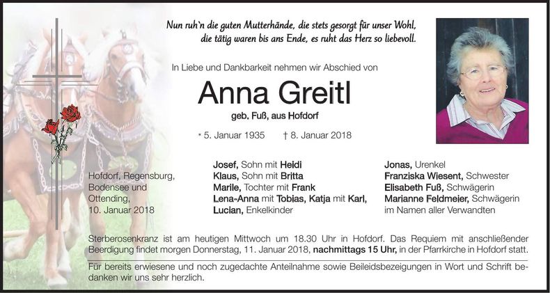 Traueranzeige Anna Greitl