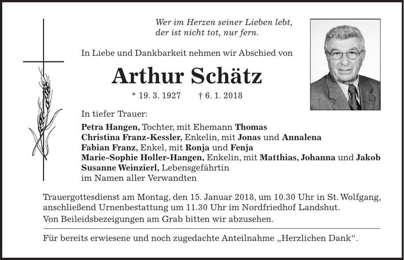 Traueranzeige Arthur Schätz