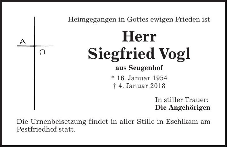 Traueranzeige Siegfried Vogl