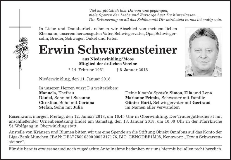 Traueranzeige Erwin Schwarzensteiner