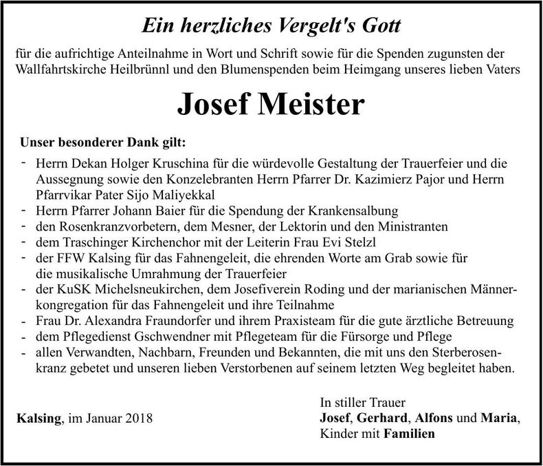 Traueranzeige Josef Meister